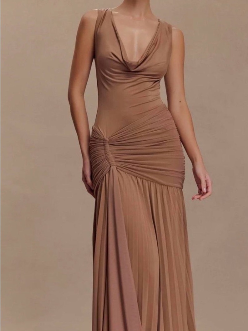Meshki Taupe Cowl Neck Maxi Dress